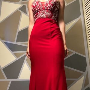 Long red strapless dress